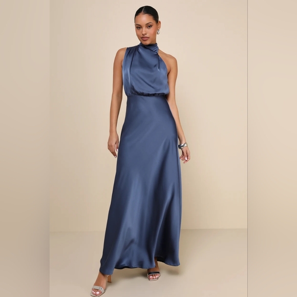 Lulu's Elegant Satin Blue Maxi Dress - Picture 1 of 10